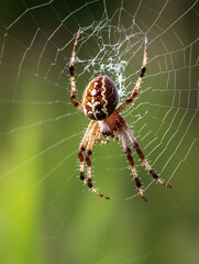Close-up of a spider on its web, eight eyes gleaming in the sunlight.