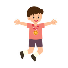 Student Won Medal & Trophy 1 Boy Celebrating with Medal