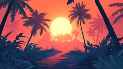 Obraz premium Tropical Sunset Palm Trees River Landscape