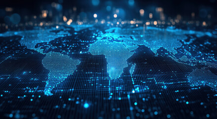 Naklejka premium digital world map with glowing blue dots represents global connectivity and technology. intricate design highlights international data flow and investment opportunities