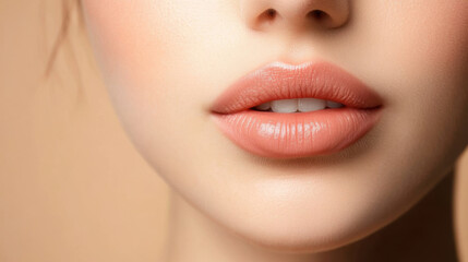 Fototapeta premium close up of young woman lips showcasing natural, soft look with subtle shine. image highlights beauty and detail of lips against neutral background