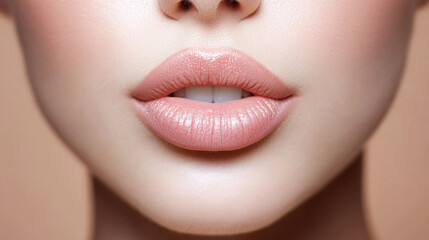 Fototapeta premium close up of young woman lips showcasing soft, natural look with subtle pink hue. smooth texture and healthy appearance evoke sense of beauty and confidence