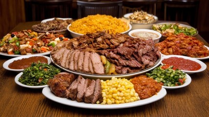 Obraz premium Abundant Feast A Delicious Spread of Grilled Meats and Sides