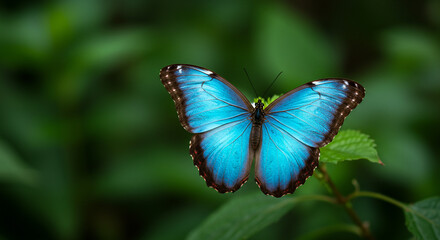 Naklejka premium Vibrant Blue Morpho Butterfly on Lush Green Foliage