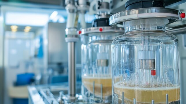 An industrial biotechnologist developing biodegradable plastics from microbial fermentation in a biotech laboratory, with bioreactors and plastic samples visible