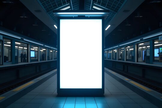 Blank glowing white advertising banner at night train station, vertical videotron mockup with copy space