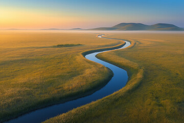 Bending Steppe Route with Bright Morning Beams Highlighting the Terrain