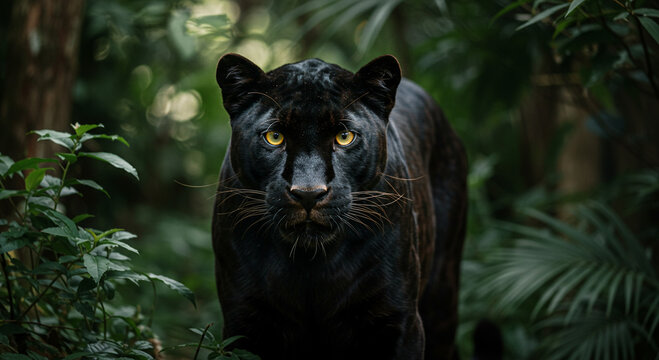 Majestic Black Panther in Lush Jungle Wildlife Photography