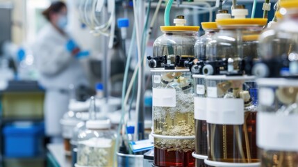 An industrial biotechnologist developing biodegradable plastics from microbial fermentation in a biotech laboratory, with bioreactors and plastic samples visible