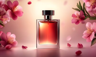 Elegant perfume bottle with pink flowers.
