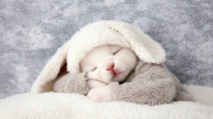 Fototapeta premium Adorable Kitten Sleeping in Bunny Outfit on Soft Blanket
