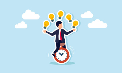 A businessman rides a unicycle while juggling lamps, illustration of thinking to determine the right and relevant ideas to apply in business