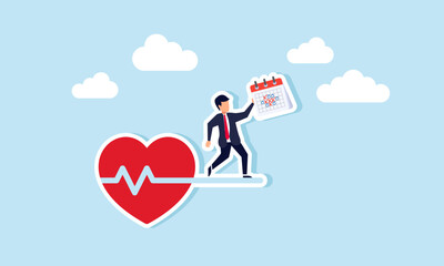 A businessman stands on a heartbeat holding a calendar schedule, illustration of the importance of organizing business event schedules for better structure and efficiency