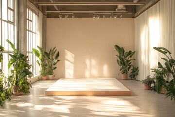 Sunlit Studio Platform, Plants, Minimalist Design, Event Space.