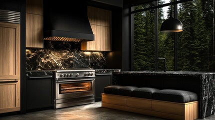 A bold kitchen with black-stained oak cabinets, steel accents, and an island with dark gray cushioned seating
