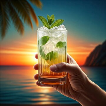 A classic Mai Tai with rum, orange curacao, orgeat syrup, and lime juice, garnished with a mint sprig,