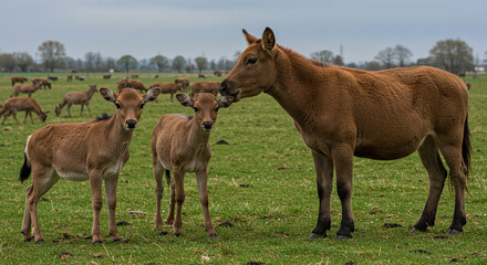 Obraz premium Mother and Baby Deer in a Lush Green Pasture with Herd