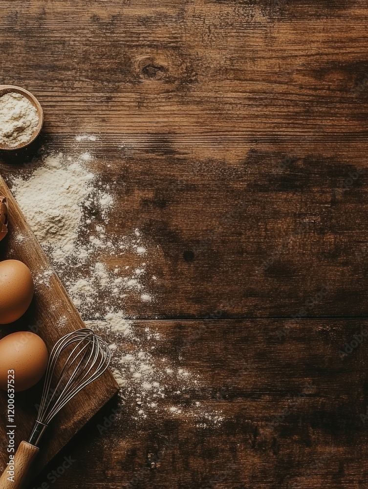 Aufkleber Top down view of a wooden surface with flour and a cracked egg during baking preparations in a cozy kitchen setting. Generative AI