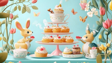 Adorable bunnies enjoy a delightful cupcake tea party