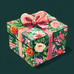 Delightful Present Box Wrapped in Pink Bow Surrounded by Vibrant Flowers Creating a Joyful and Festive Atmosphere Perfect for Celebrations