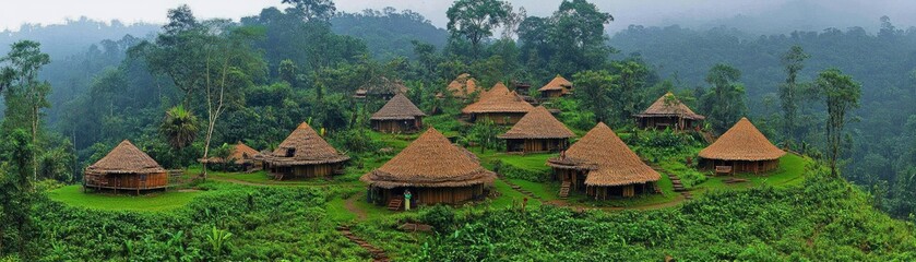 Hillside village huts, rainforest background, travel destination