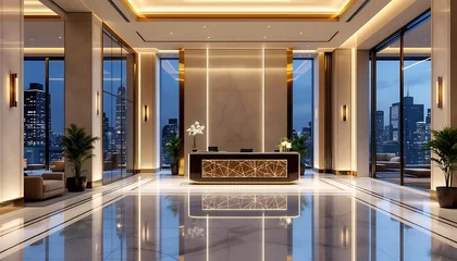 Fotobehang Hotel chique Luxurious Hotel Lobby with Stunning Cityscape Night View  © Kami.Studio