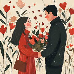 Romantic Moment of a Man and Woman Holding Colorful Flowers in a Lush Green Garden Setting Evoking Love Joy and Connection in Nature