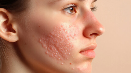 Young woman with skin condition, showing acne and blemishes on face. image captures texture and details of skin, highlighting emotional impact of skin issues