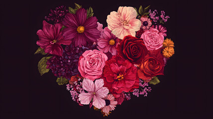 Delicate Heart Shaped Arrangement of Colorful Flowers and Lush Green Leaves Creating a Romantic and Whimsical Atmosphere Perfect for Celebrations