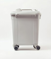 Light grey plastic wheelie bin on white background.