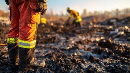 Obraz premium Firefighters collaborate to control a wildfire in a burnt forest area at sunrise