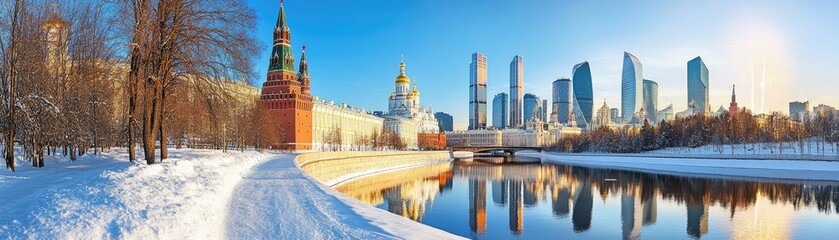 Obraz premium Moscow winter panorama Kremlin, modern skyline, snowy river. Travel postcard