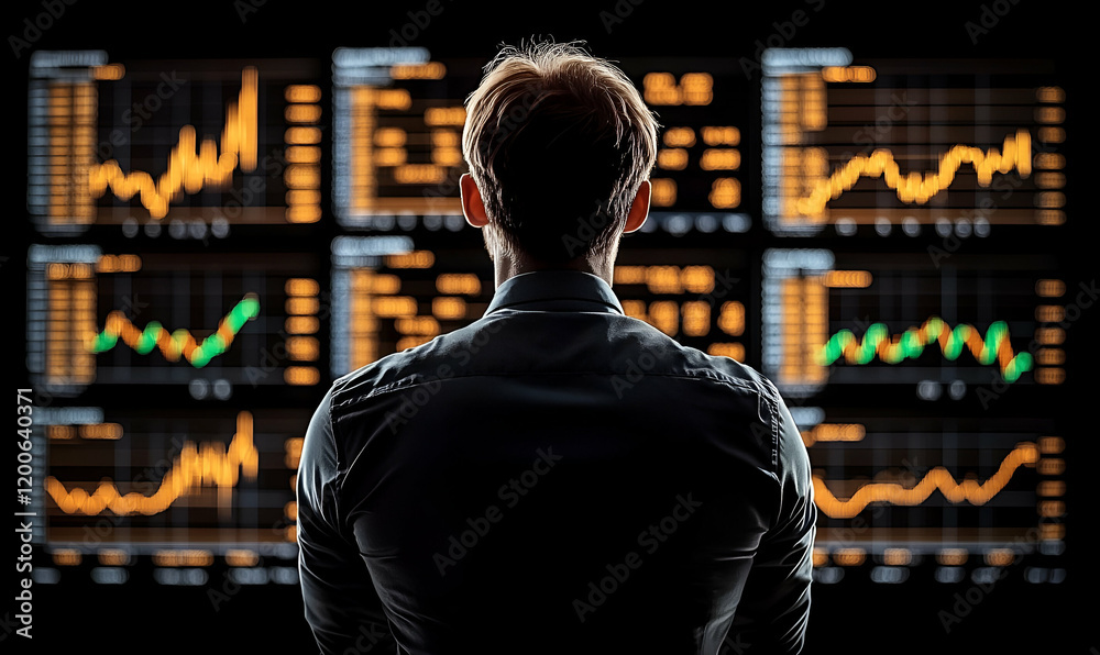 Poster trader analyzing market data on screens