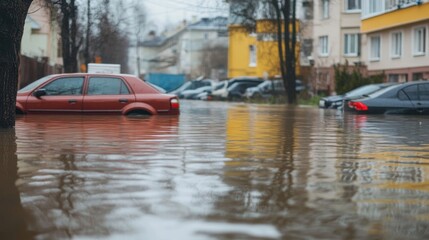 Floodwaters cover residential streets, submerging parked cars and impacting daily life