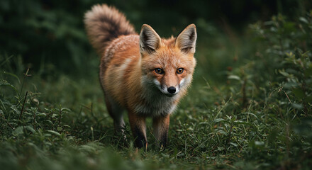 Fototapeta premium Red Fox in Lush Green Grass Wildlife Photography