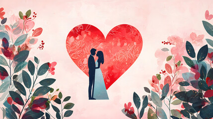 Romantic Couple Embracing in Front of a Heart Symbolizing Love and Connection in a Warm and Intimate Setting Filled with Joy and Affection