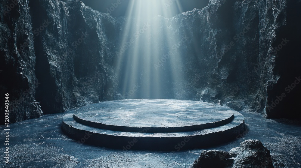 Poster Circular Platform Surrounded by Dark Jagged Rocks Illuminated by Spotlight for Showcase Display in Hyper-Realistic Style