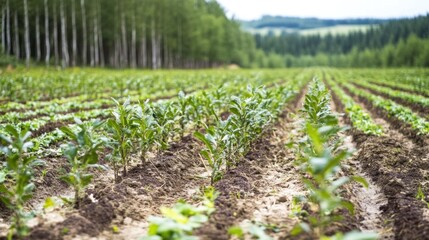 Naklejka premium Freshly planted crops thrive in organized rows with trees in the background and a cloudy sky