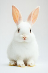 Fototapeta premium Adorable white rabbit with pink ears sitting against a plain background.