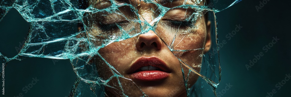 Poster shattered glass reflects fragments of a persons face revealing deep emotions and complexities in a d