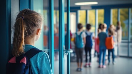 Obraz premium A child stands by a door, watching peers walk by with backpacks in a school