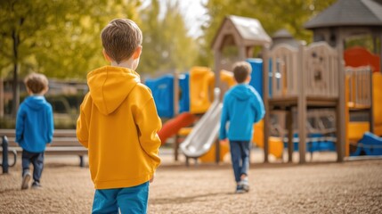 Three boys walk toward a vibrant playground, wearing bright hoodies, enjoying a sunny afternoon