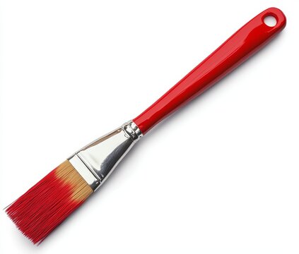 Red paintbrush with wooden handle isolated on white.