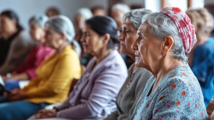 Fototapeta premium A diverse group of women listens intently to a speaker at a community empowerment event