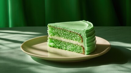 A delicious slice of pistachio cake, frosted and layered on a plate. Perfect for food blogs, dessert menus, or spring themes.