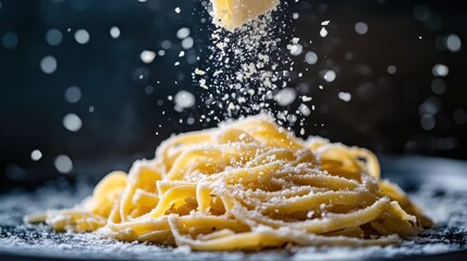 A plate of pasta with a generous amount of cheese on top