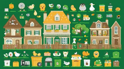 Naklejka premium Charming Village Scene with Houses, Animals, and Various Objects