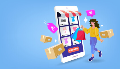 Vector of a cart with shopping bags, E-commerce advertising illustration. fast online delivery service. marketing and digital marketing. 