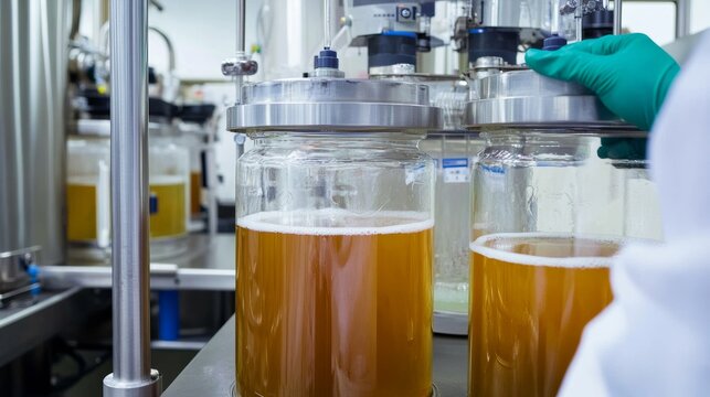 An industrial biotechnologist optimizing microbial fermentation for enzyme production in a bioprocessing facility, with fermenters and enzyme assays visible, Microbial fermentation optimization scene