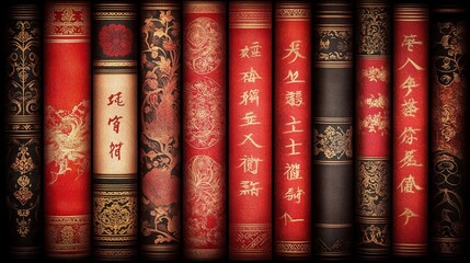 Naklejka premium Ancient Chinese Bookshelf Red Gold Ornate Volumes